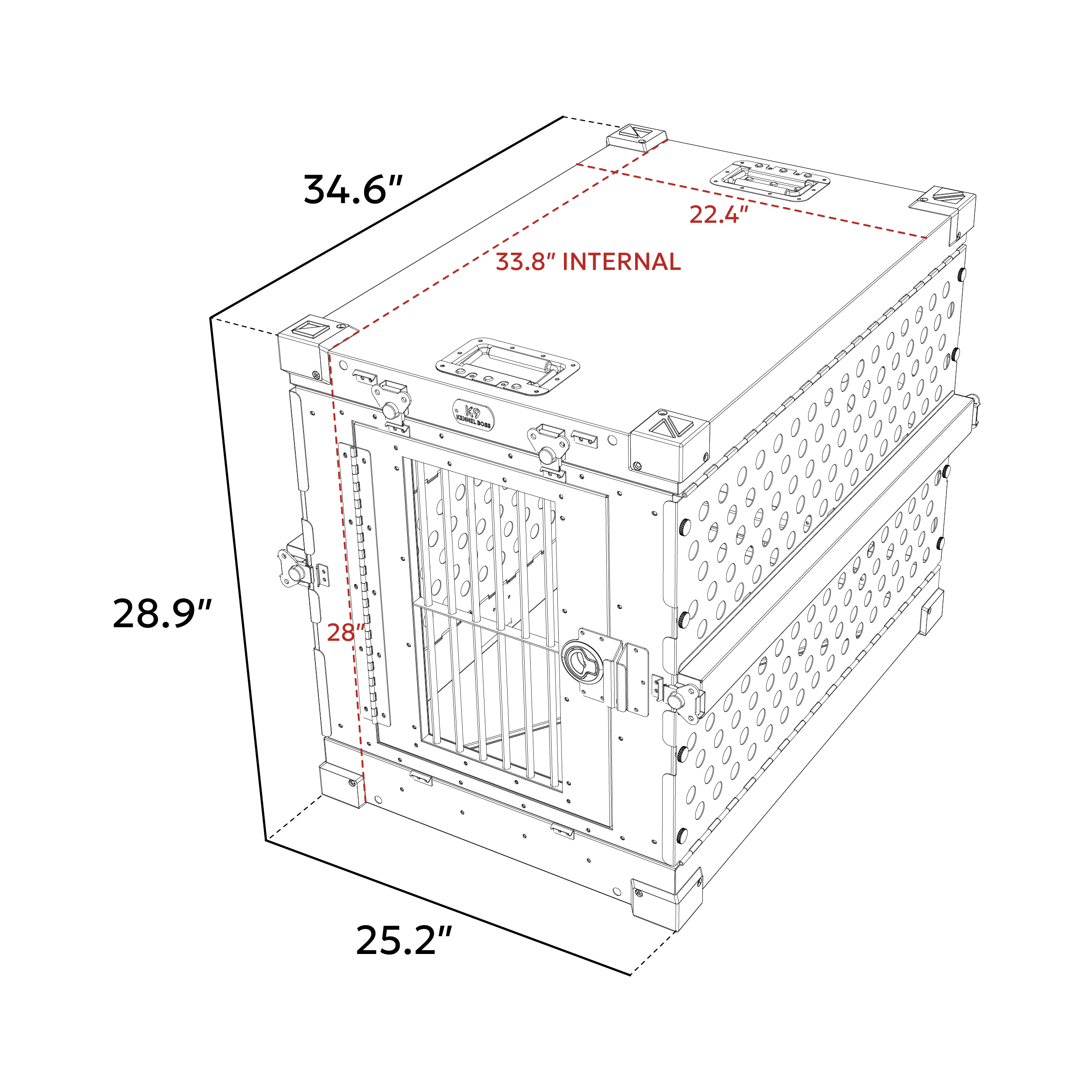 K9 Kennel Boss Medium - External Dimensions: 34.6”L x 25.2”W x 28.9”H Internal: 33.8”L x 22.4”W x 28.0”H